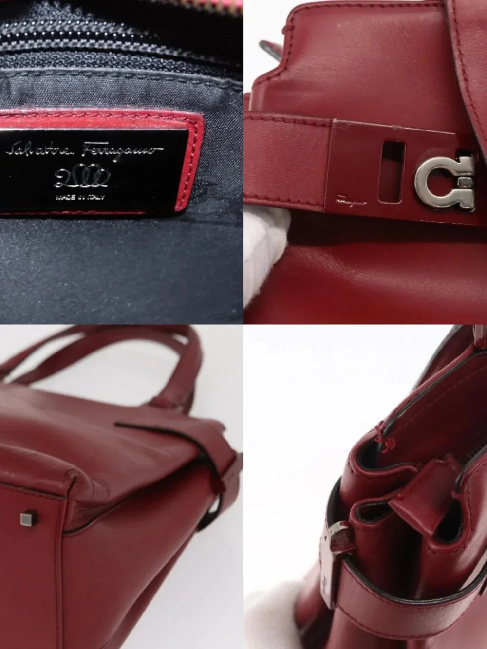 Salvatore Ferragamo Gancini Wanda Hand Bag Leather Red Silver Auth am10521